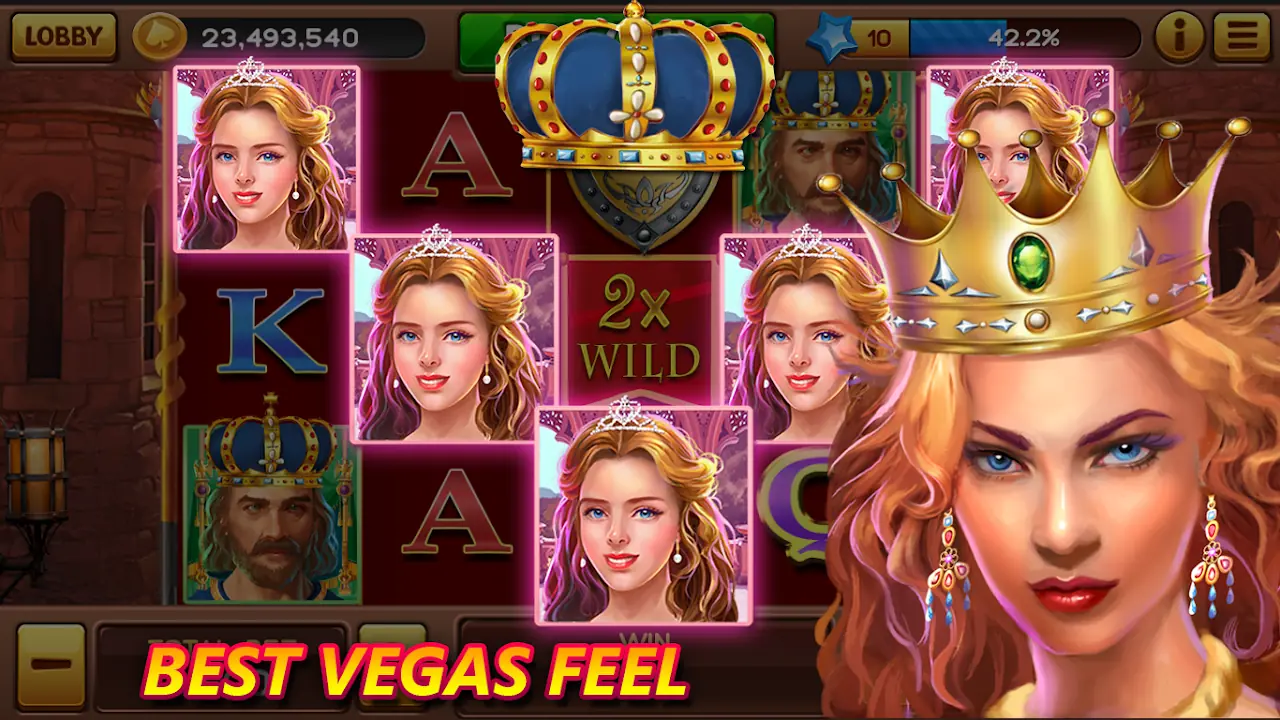 Vörös hajú karaktereket ábrázoló Social Casino Slots nyerőgép-képernyő